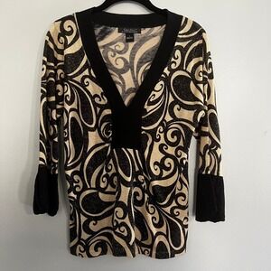 C'est City August Silk Gold Black Metallic Paisley V-Neck‎ Large Baroque glam